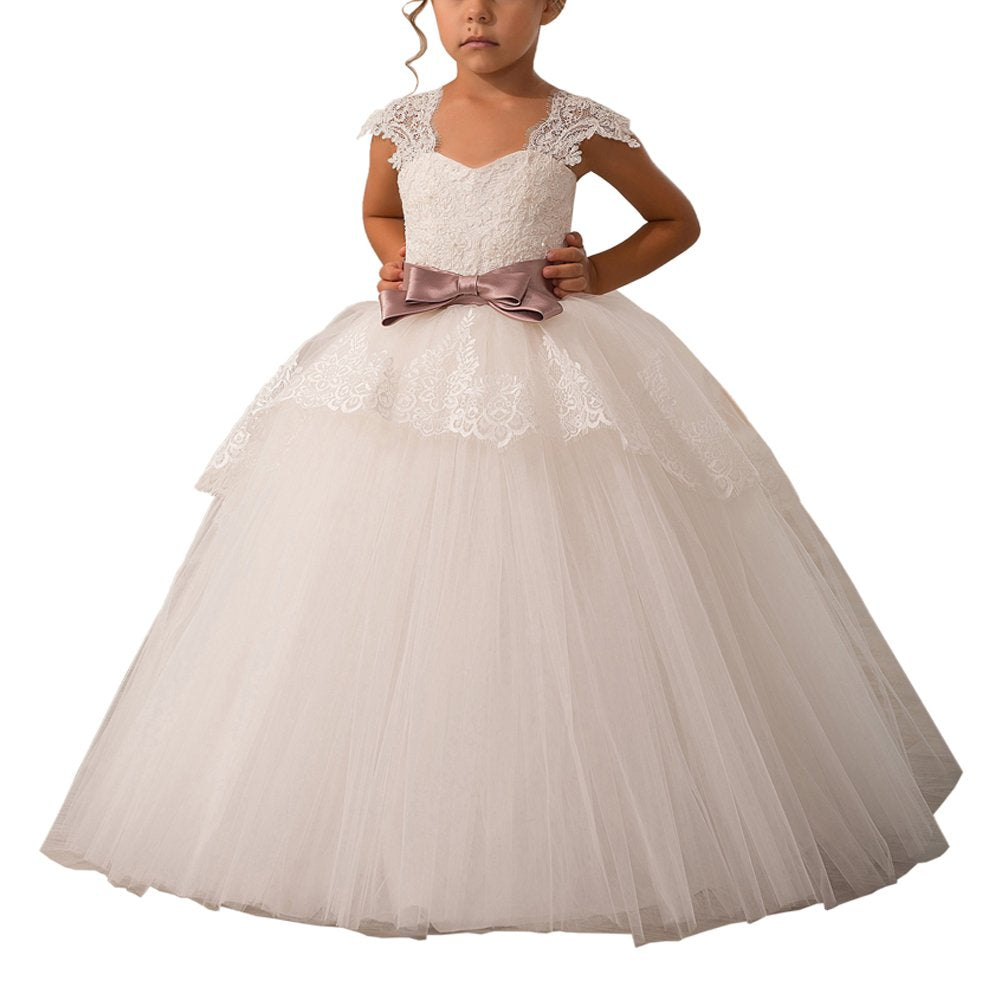 Communion Lace Appliques Cap Sleeves Tulle Flower Girl Dress Kids Cute Backless Dress Toddler Party Tulle Tutu Dresses