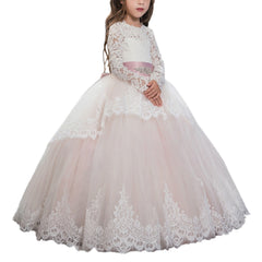 Flower Girls Ball Gowns Lace Appliques Ruffled Long Sleeves Back Hole Princess Floor Length Girl Pageant Dresses