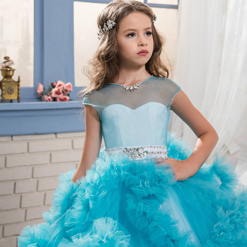 Communion Dress Lace Top Short-Sleeved V Back Tulle Skirt Child Girl Dress Ball Gown Princess Girl Birthday Dresses Flower Girl, Blue / 12 Communion Dress Lace Top Short-Sleeved V Back Tulle Skirt Child Girl Dress Ball Gown Princess Girl Birthday Dresses Flower Girl, Blue / 12