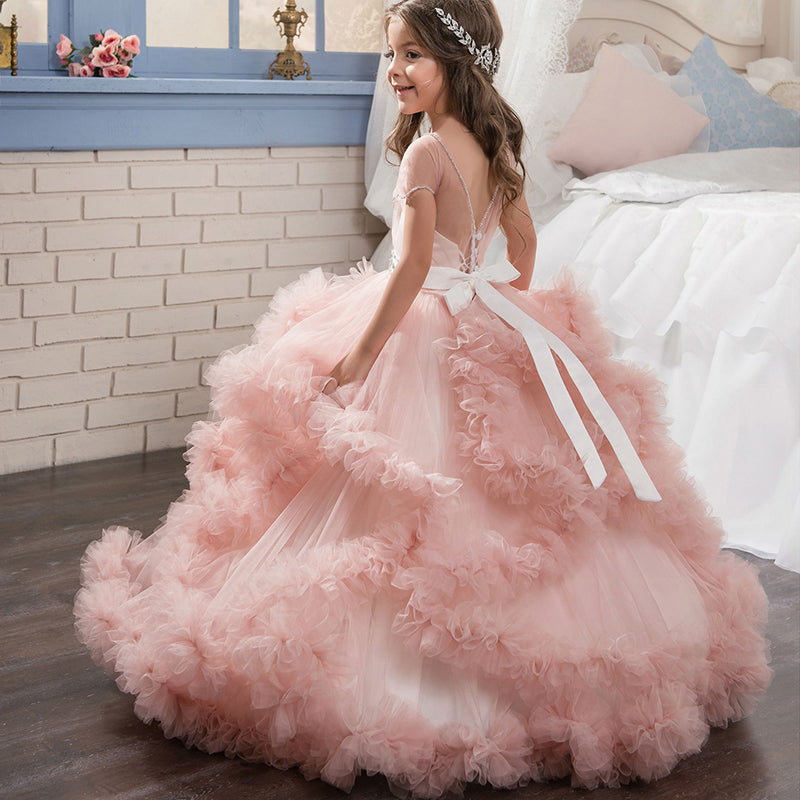 Flower Girl Dress Short-Sleeved V Back communion dress lace top Tulle Avadress Flower Girl Dress Short-Sleeved V Back communion dress lace top Tulle Avadress