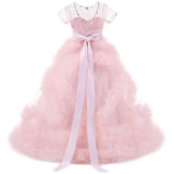 Communion Dress Lace Top Short-Sleeved V Back Tulle Skirt Child Girl Dress Ball Gown Princess Girl Birthday Dresses Flower Girl