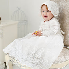 Baby Baptism Dress Long Newborn Baby Christening Gowns Birthday Party Wedding Infant Shower Dress with Bonnet