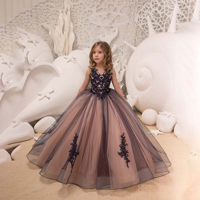 Fancy Flower Girl Dress Lace Applique Wedding Dress Sleeveless Tulle Bridesmaid Pageant Party Princess Cute Dance Ball Gown