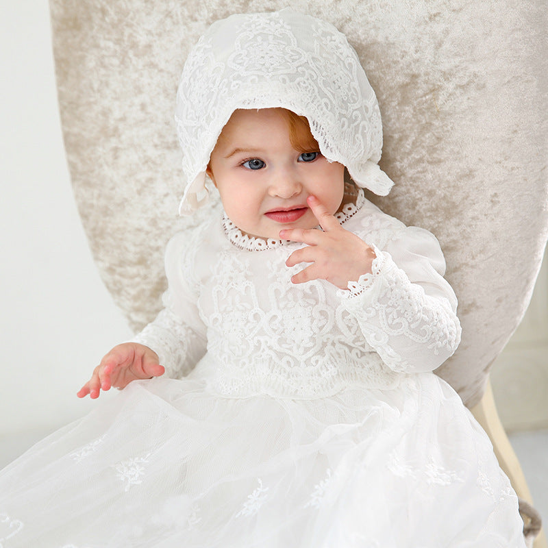 Baby Baptism Dress Long Newborn Baby Christening Gowns Birthday Party Wedding Infant Shower Dress with Bonnet