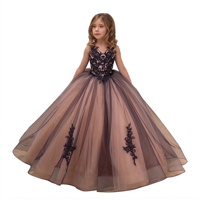 Fancy Flower Girl Dress Lace Applique Wedding Dress Sleeveless Tulle Bridesmaid Pageant Party Princess Cute Dance Ball Gown