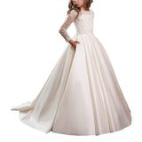 First Communion Dresses for Girls with Sleeves Long Ball Gown Trailing Dress