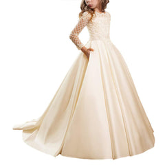 First Communion Dresses for Girls with Sleeves Long Ball Gown Trailing Dress