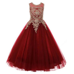 Little Girls Long Pageant Dresses Prom Ball Gown Gold Lace Burgundy Tulle Sleeveless Red Wedding Girl Dress Tulle Dance Gown