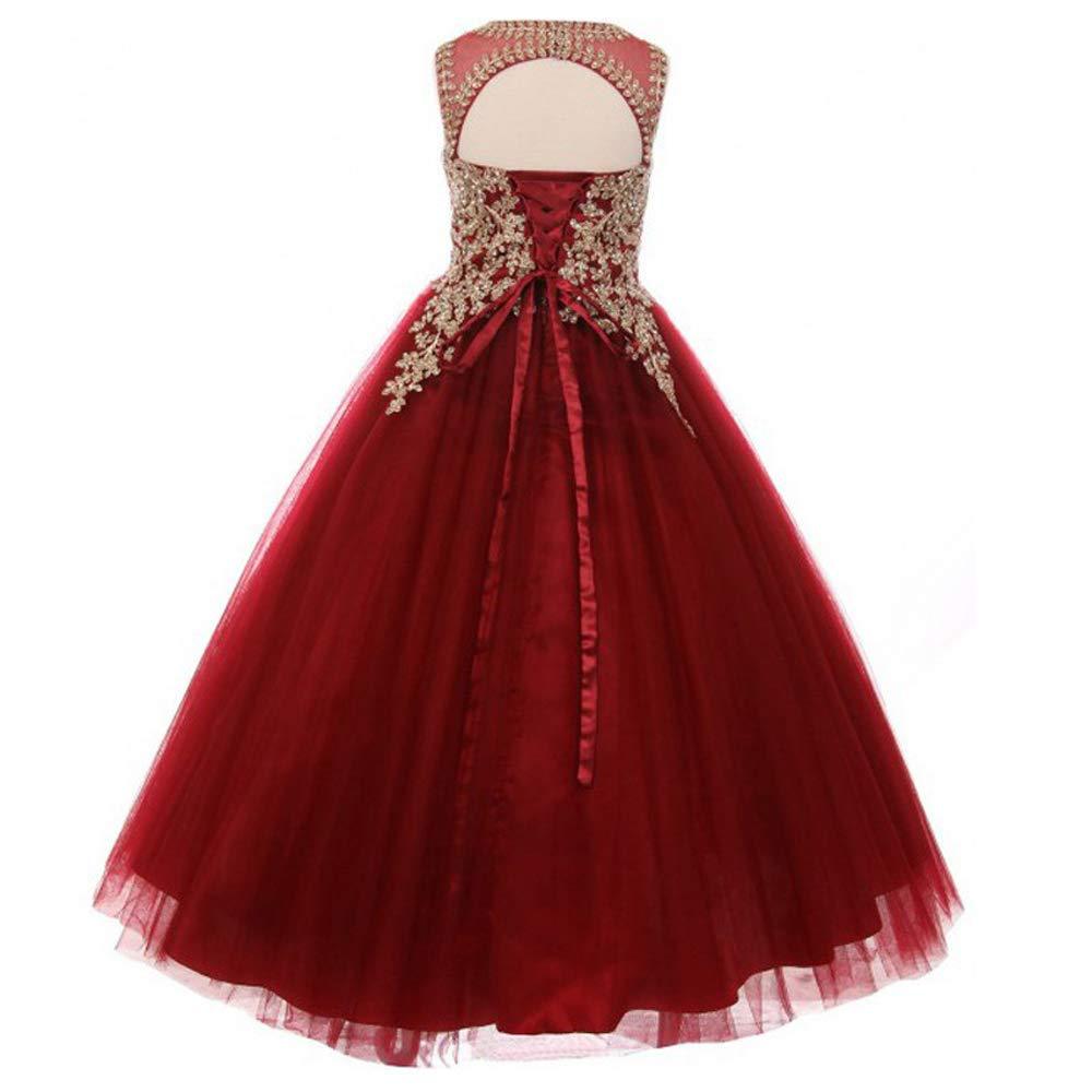 Little Girls Long Pageant Dresses Prom Ball Gown Gold Lace Burgundy Tulle Sleeveless Red Wedding Girl Dress Tulle Dance Gown