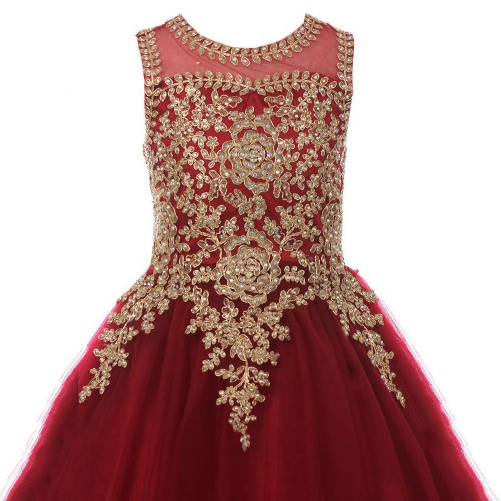 Little Girls Long Pageant Dresses Prom Ball Gown Gold Lace Burgundy Tulle Sleeveless Red Wedding Girl Dress Tulle Dance Gown