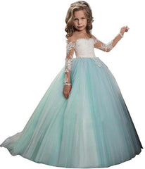 Flower Girl Dresses for Wedding Long Sleeves Lace Champagne Vintage Communion Ball Gowns Princess Dresses