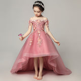 Little Kids Burgundy Trailing Mesh Dresses Lace Flower Girl Communion Dress Bandage Asymmetrical Prom Gown