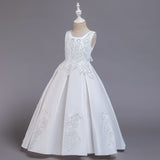 Flower Girl Dresses with Bow Kid's Sleeves Floor Length Gown Classic Round Neck Embroidery Dress