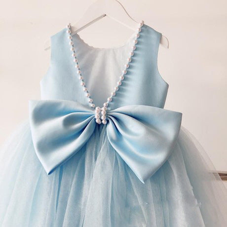 Cute Sleeveless Tulle Gown with Bow for Girls A Line Princess Dress with Imitation pearls