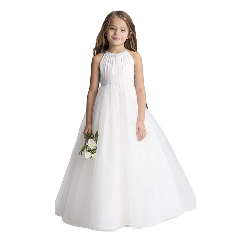 Ivory Flower Girls Dress Sleeveless Princess Chiffon Halter Wedding Dress Bridesmaid Party Birthday Formal Flower Girl Dress