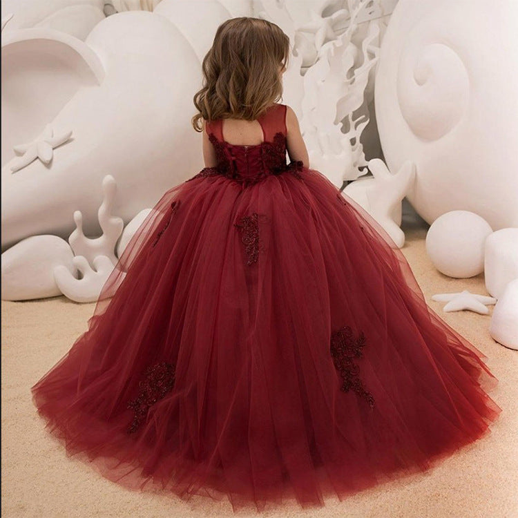Sleeveless Wine Red Flower Girl Dress Lace Dance Gown Long A Line Tulle Dresses for Party Ball Gown