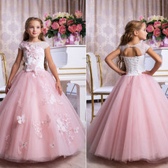 Elegant Flower Girl Dress Girls Pageant Princess Flower Applique Puffy Dress Kids Flower Embroidered Lace Applique Birthday Ball Gown