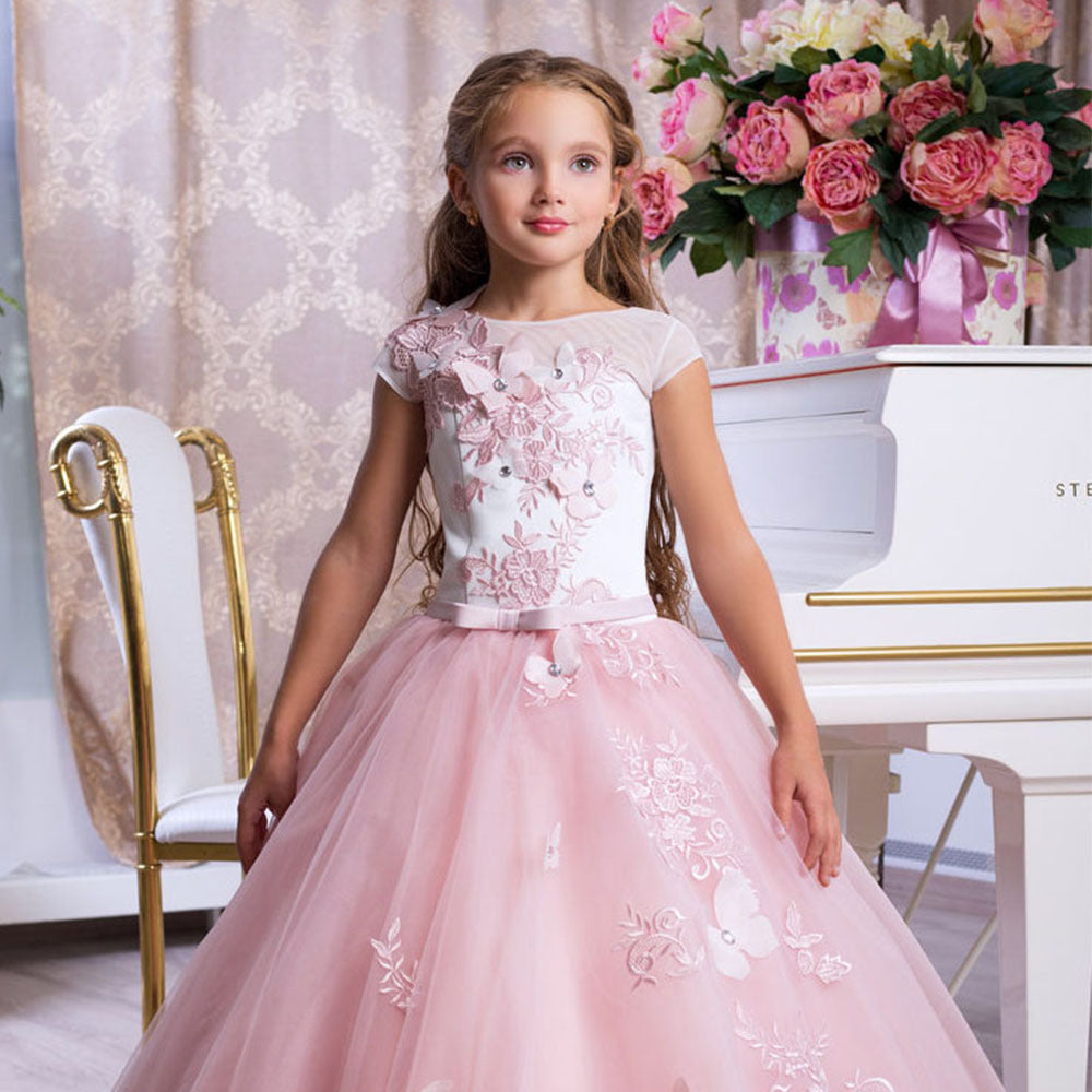 Elegant Flower Girl Dress Girls Pageant Princess Flower Applique Puffy Dress Kids Flower Embroidered Lace Applique Birthday Ball Gown