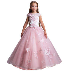 Elegant Flower Girl Dress Girls Pageant Princess Flower Applique Puffy Dress Kids Flower Embroidered Lace Applique Birthday Ball Gown