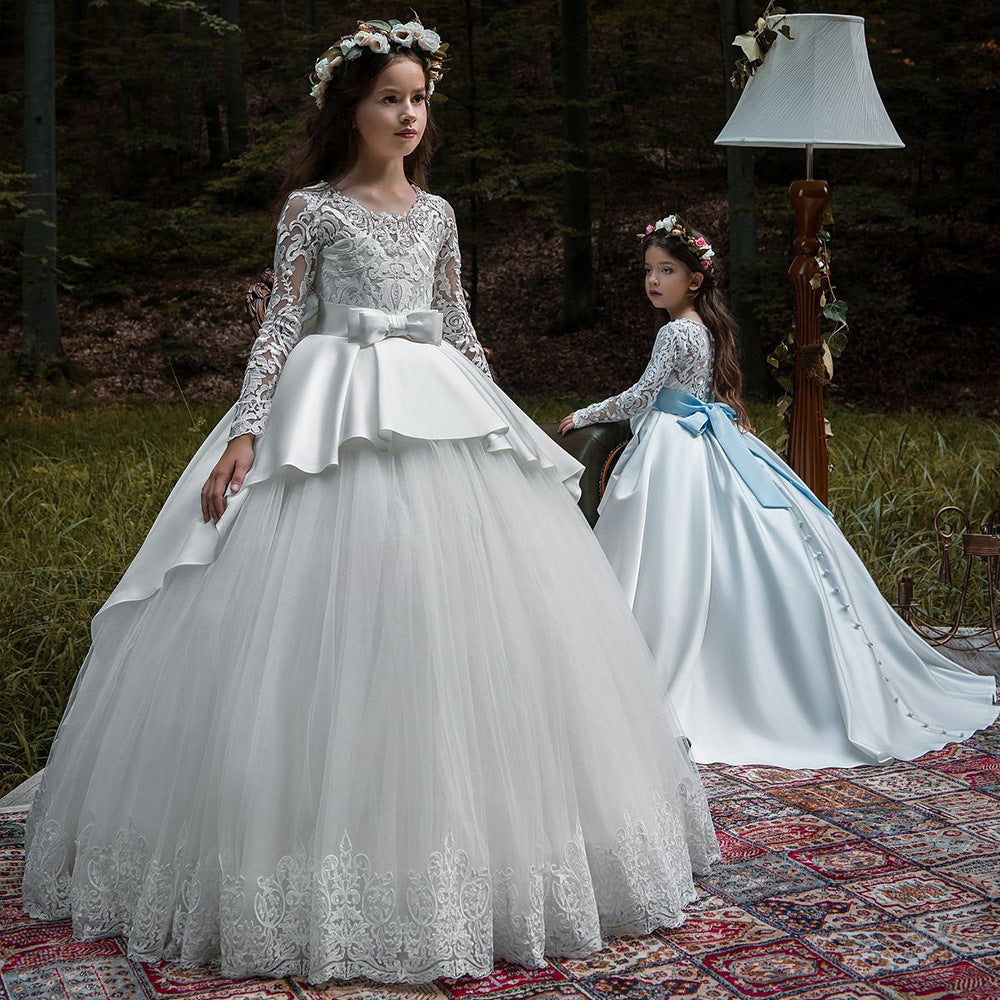 First Communion Flower Girl Dress Lace up Long Sleeves Pageant Ball Gowns Long Wedding Dress Formal Party Maxi Gown