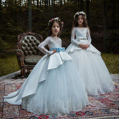 First Communion Flower Girl Dress Lace up Long Sleeves Pageant Ball Gowns Long Wedding Dress Formal Party Maxi Gown