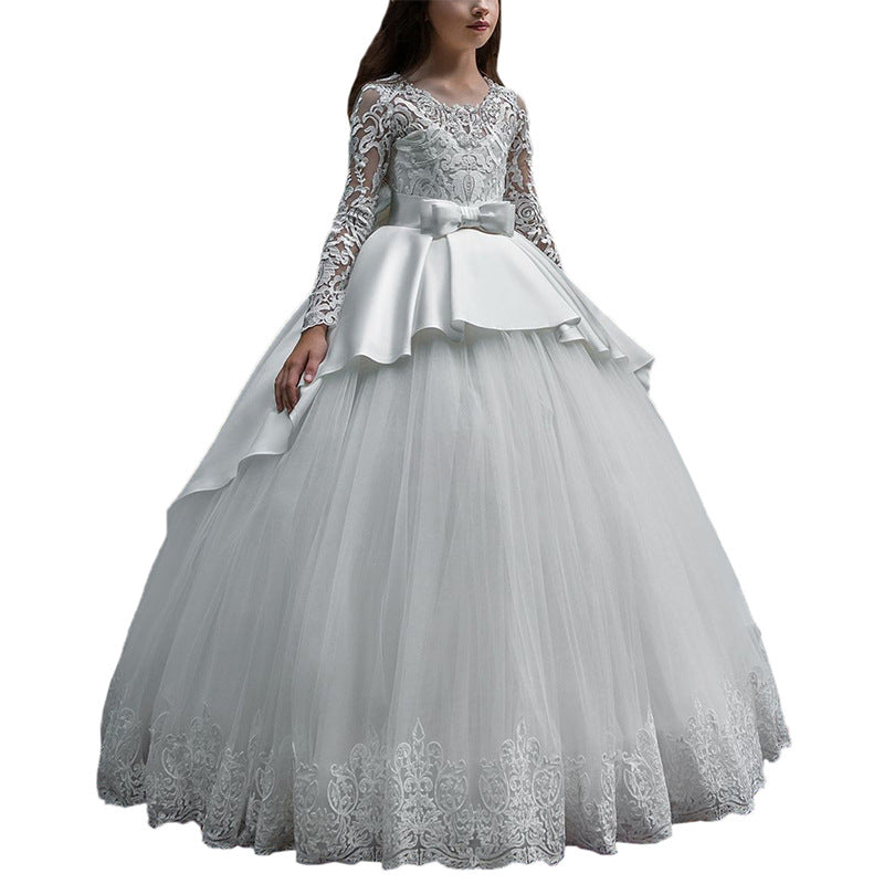First Communion Flower Girl Dress Lace up Long Sleeves Pageant Ball Gowns Long Wedding Dress Formal Party Maxi Gown