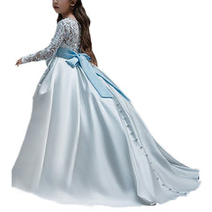 First Communion Flower Girl Dress Lace up Long Sleeves Pageant Ball Gowns Long Wedding Dress Formal Party Maxi Gown