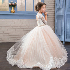 Flower Girl Dress Lace Applique Princess Pageant Party Dress Beaded Rhinestone Birthday Christmas Prom Ball Gown