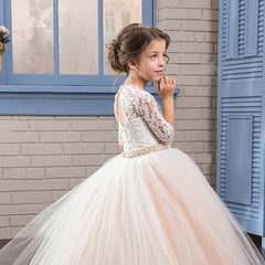 Flower Girl Dress Lace Applique Princess Pageant Party Dress Beaded Rhinestone Birthday Christmas Prom Ball Gown