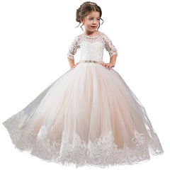 Flower Girl Dress Lace Applique Princess Pageant Party Dress Beaded Rhinestone Birthday Christmas Prom Ball Gown