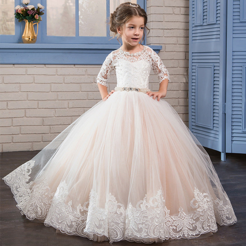 Flower Girl Dress Lace Applique Princess Pageant Party Dress Beaded Rhinestone Birthday Christmas Prom Ball Gown