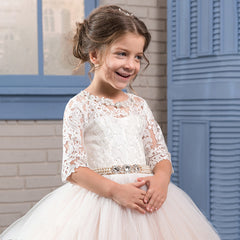 Flower Girl Dress Lace Applique Princess Pageant Party Dress Beaded Rhinestone Birthday Christmas Prom Ball Gown