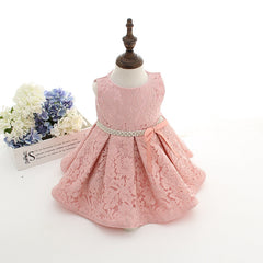 Sleeveless Lace Gown with Bow and Bonnet Christening Dresses 2 Colors