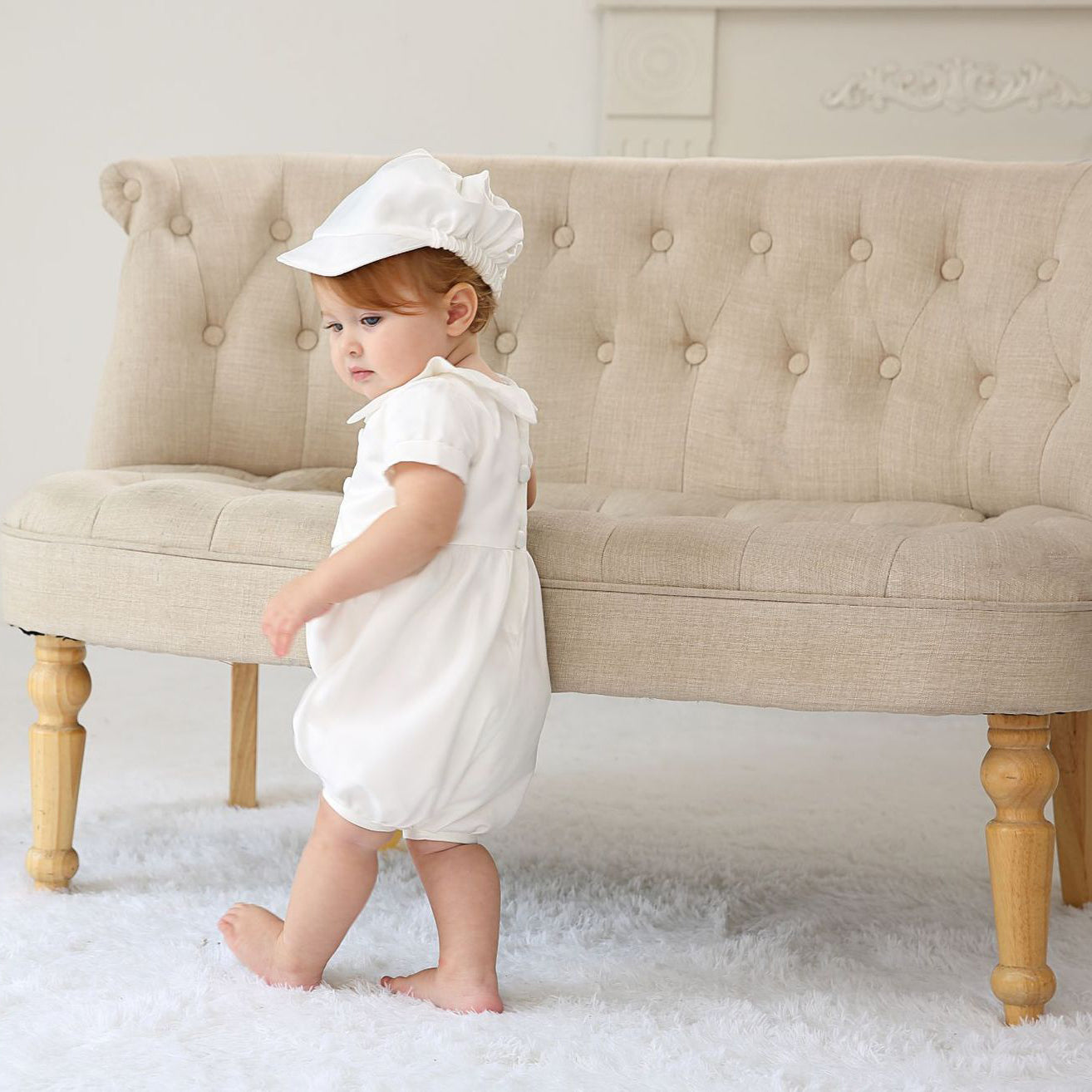 Infant Boys Christening Outfits Peter Collar Cute Babies Baptism Suits with Bonnet