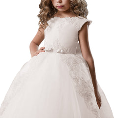 Flower Girl Dress first communion Dress Tulle Satin Lace Cap Sleeves Pageant Fancy Girls Ball Gown Princess kids Birthday Dresses