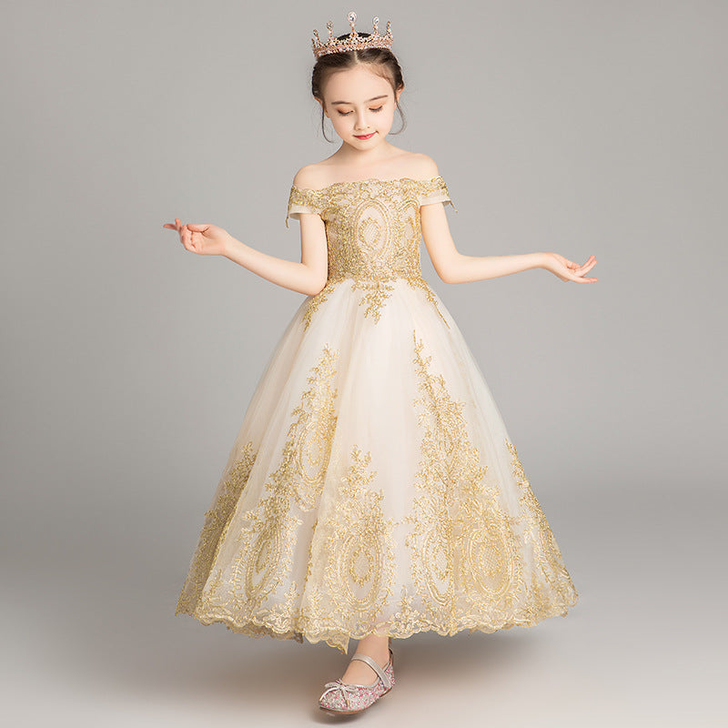 Off Shoulder Girl Wedding Dress Golden Sequin Lace Kids Party  Trailing Gowns Kids Baptism Pageant Gown Flower Girl Dresses