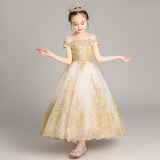 Off Shoulder Girl Wedding Dress Golden Sequin Lace Kids Party  Trailing Gowns Kids Baptism Pageant Gown Flower Girl Dresses