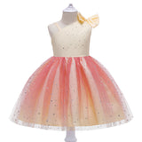 One Shoulder Rainbow Princess Gown with Bow Cute Holiday Dress for Girls