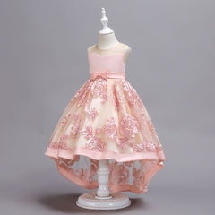 Embroidery Sheer Flower Girl Dresses with Bow Sleeveless High-low Dresses for Children