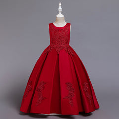 Flower Girl Dresses with Bow Kid's Sleeves Floor Length Gown Classic Round Neck Embroidery Dress