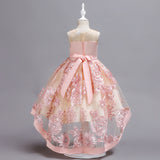Embroidery Sheer Flower Girl Dresses with Bow Sleeveless High-low Dresses for Children