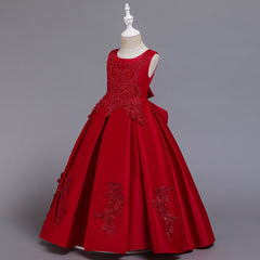 Flower Girl Dresses with Bow Kid's Sleeves Floor Length Gown Classic Round Neck Embroidery Dress