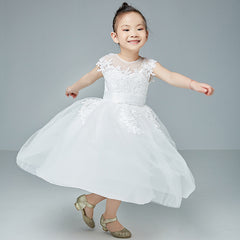 First Communion Dress Tea Length Tulle Gown Princess Dresses Embroidery Sheer