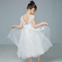 First Communion Dress Tea Length Tulle Gown Princess Dresses Embroidery Sheer