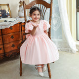 Cute Puffy Sleeves Flower Girl Dress with Bow Kid's Princess Gown