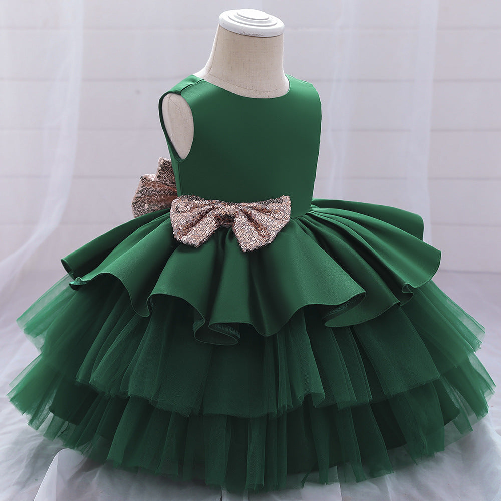 Cute Tiered Dress V Backed Flower Girl Dresses Fancy Tulle Gown with Bows for Baby Girls