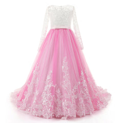 Flowers Girls Dress Applique Tulle Lace Wedding Dress Tea Length Full Birthday Christmas Prom Ball Gown