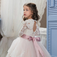 First Communion Ball Gowns Lace Appliques Ruffled Long Sleeves Girl Pageant Dresses Full Fancy Dresses