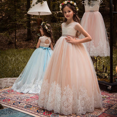 Flower Girl Gown for Wedding Kids Sleeveless long Lace ball gowns for girls first communion dress Birthday Dresses