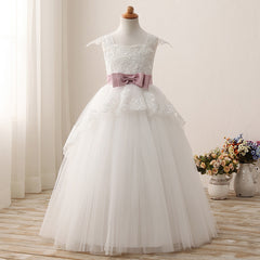 Communion Lace Appliques Cap Sleeves Tulle Flower Girl Dress Kids Cute Backless Dress Toddler Party Tulle Tutu Dresses